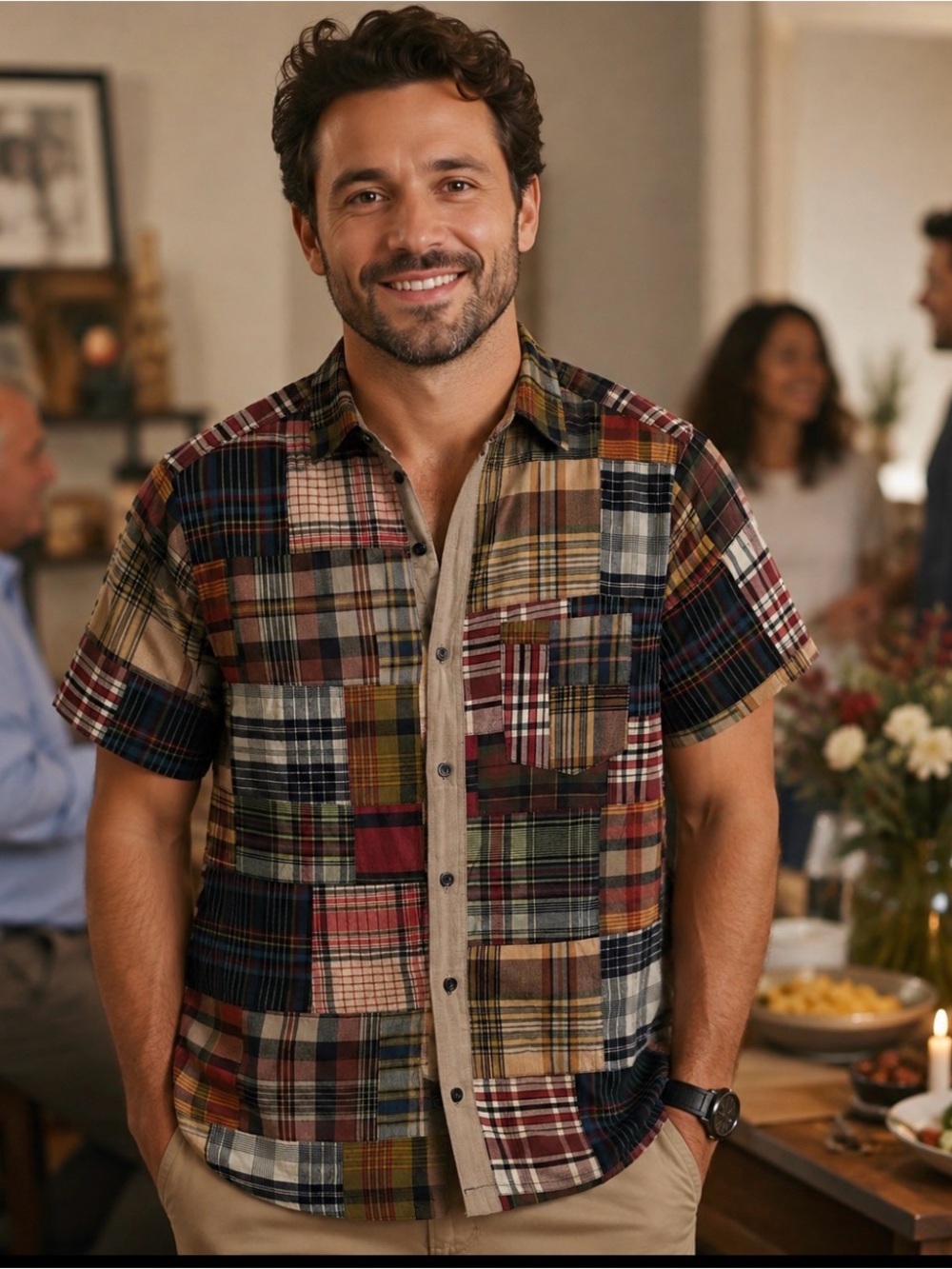 Mens’ Medium- Large - Patchwork Plaid Short-Sleeve Shirt - Multicolor